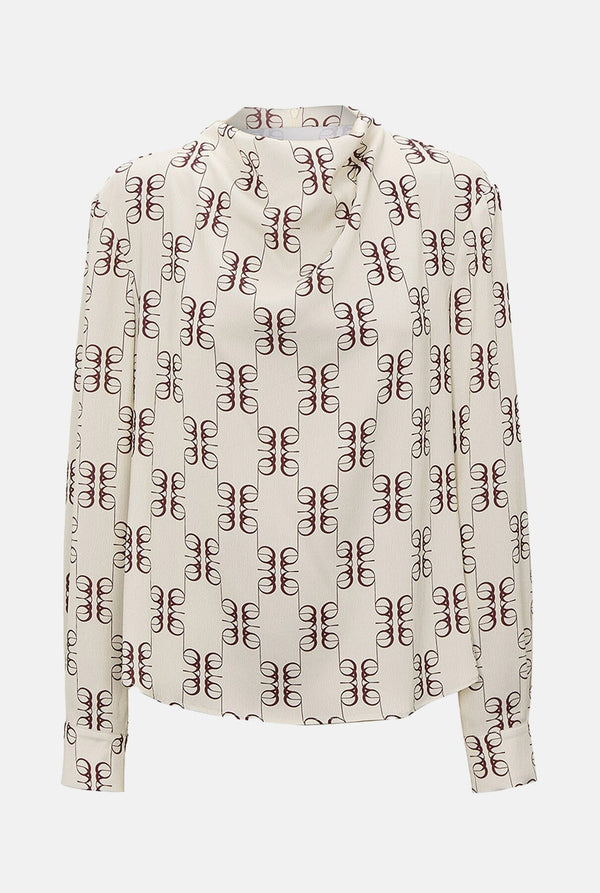 Camisa drapeada cuello perkins saten estampada beige