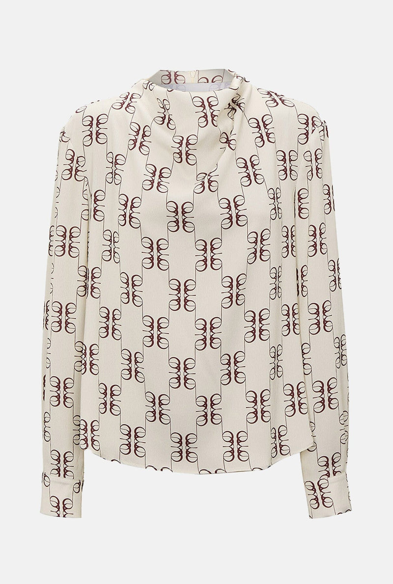Camisa drapeada cuello perkins saten estampada beige