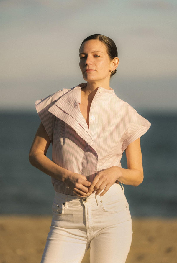 CAMISA LATERAL MANGA CORTA RAYAS ROSAS