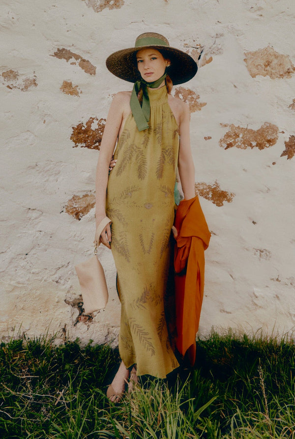 Halter Long Ecoprint smokey yellow Natural Dye - Pre Order