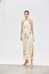 Halter extra long dress - Eco print beige - Pre-Order