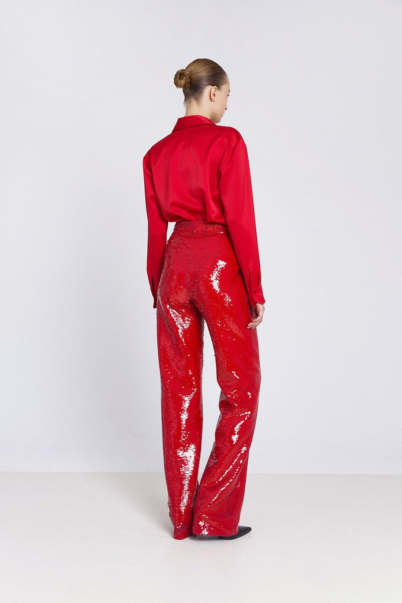 Pantalón recto lentejuela roja