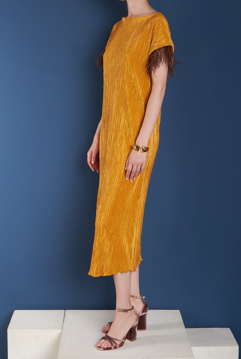 Previo Pleated Dress with Feathers