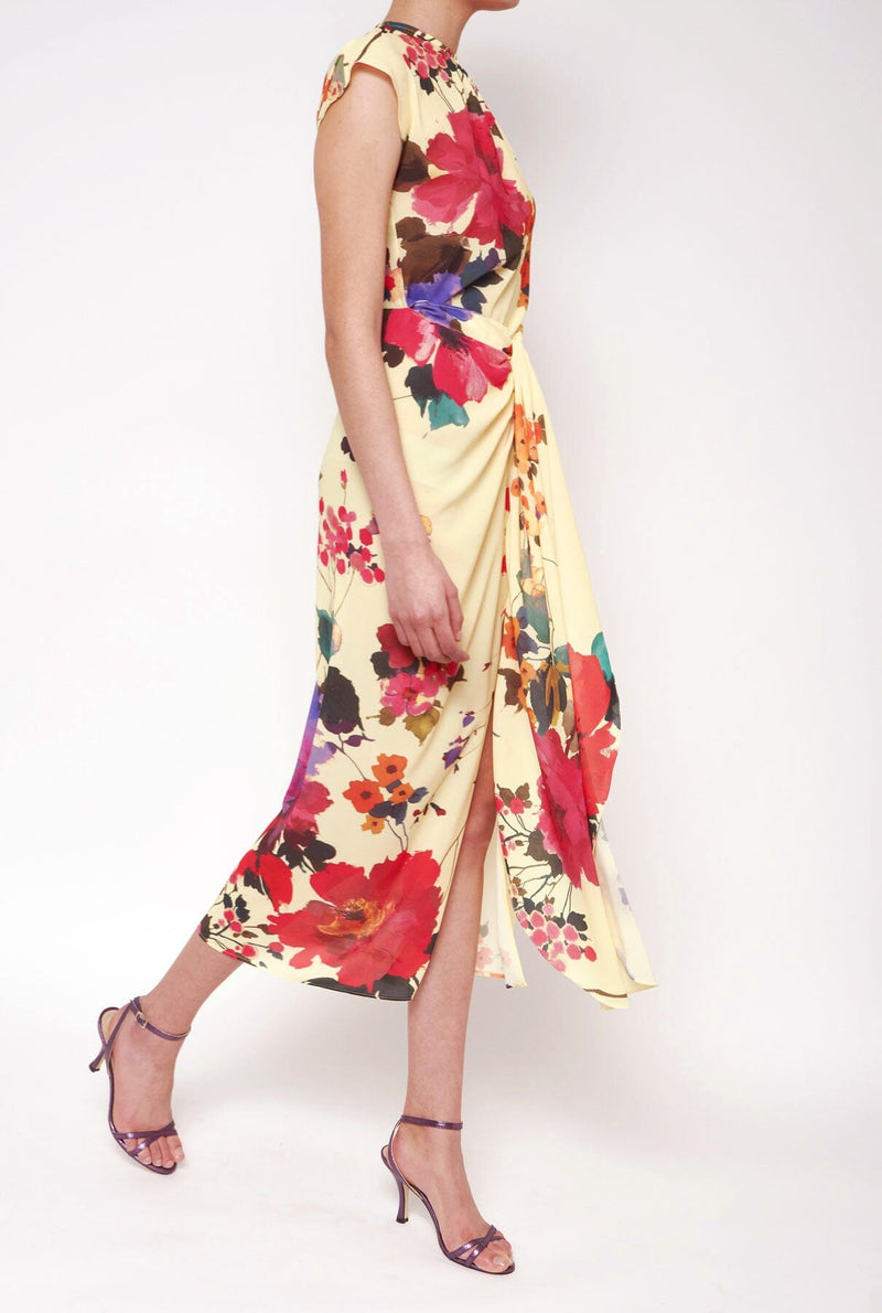 Vestido con falda nudo flores acuareladas amarillo PRE-ORDER