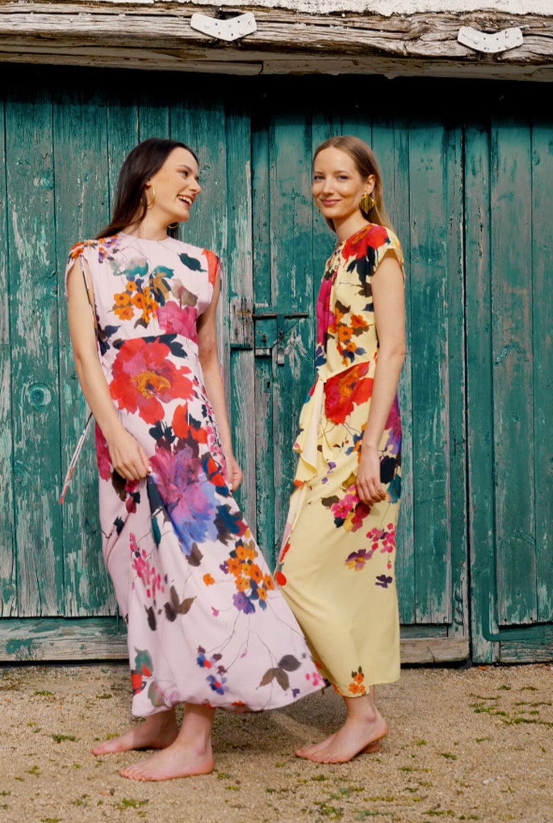 Vestido con falda nudo flores acuareladas amarillo PRE-ORDER
