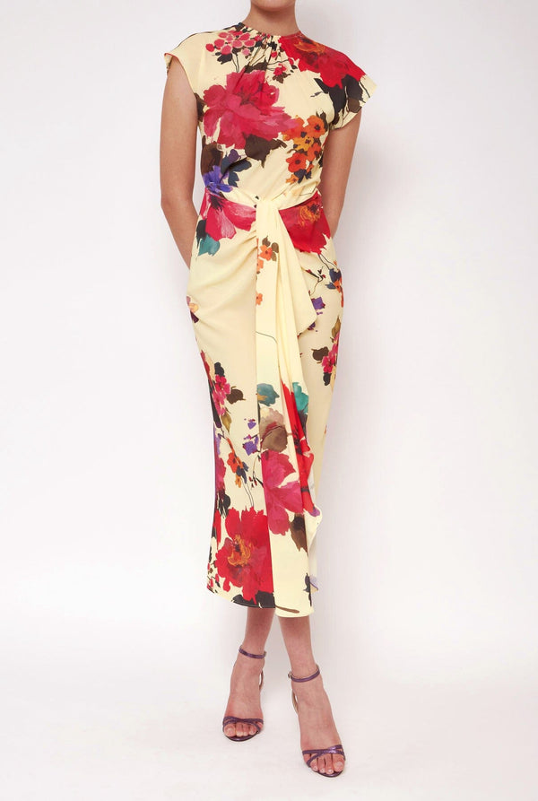 Vestido con falda nudo flores acuareladas amarillo PRE-ORDER