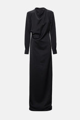 Vestido drapeado cuello perkins satén negro
