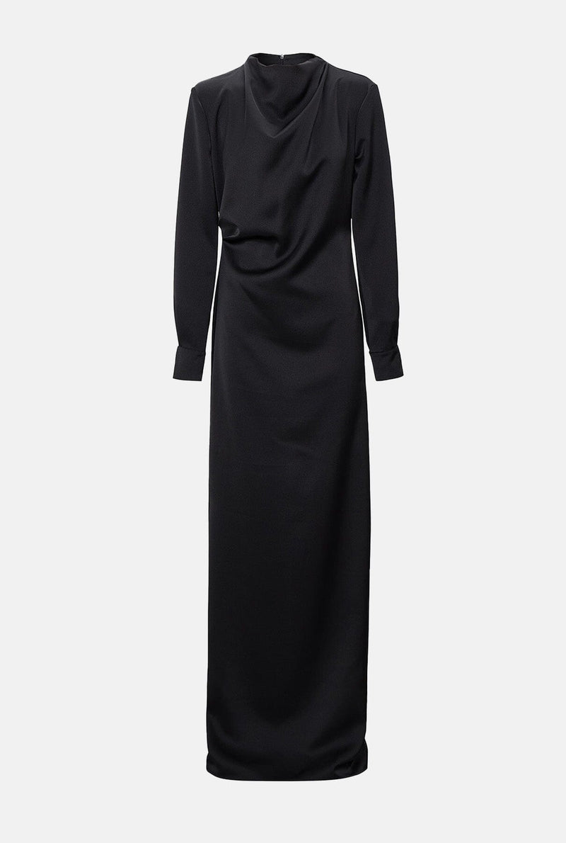 Vestido drapeado cuello perkins satén negro