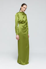 Vestido drapeado cuello perkins satén verde