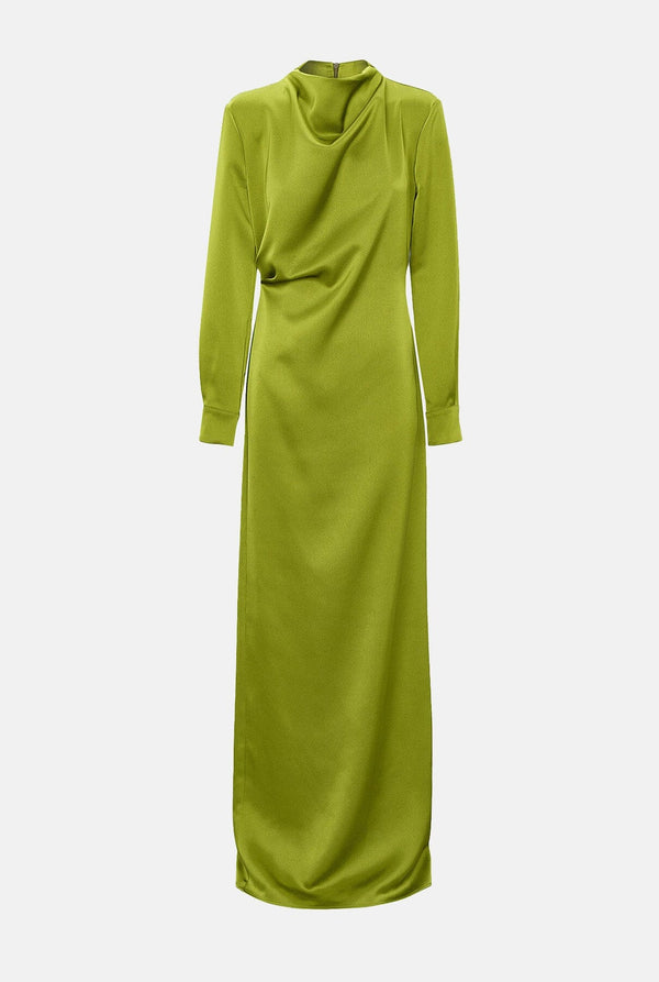 Vestido drapeado cuello perkins satén verde