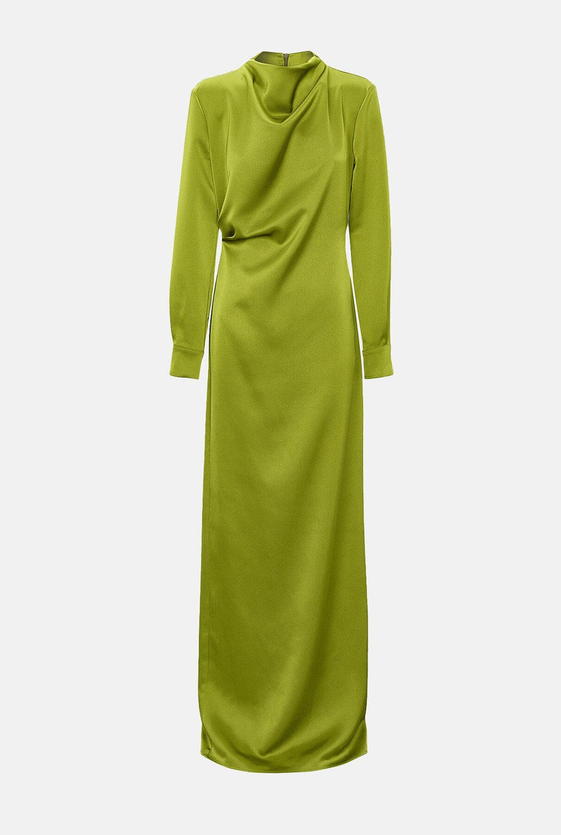 Vestido drapeado cuello perkins satén verde