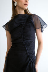 Vestido drapeado organza azul