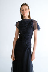 Vestido drapeado organza azul