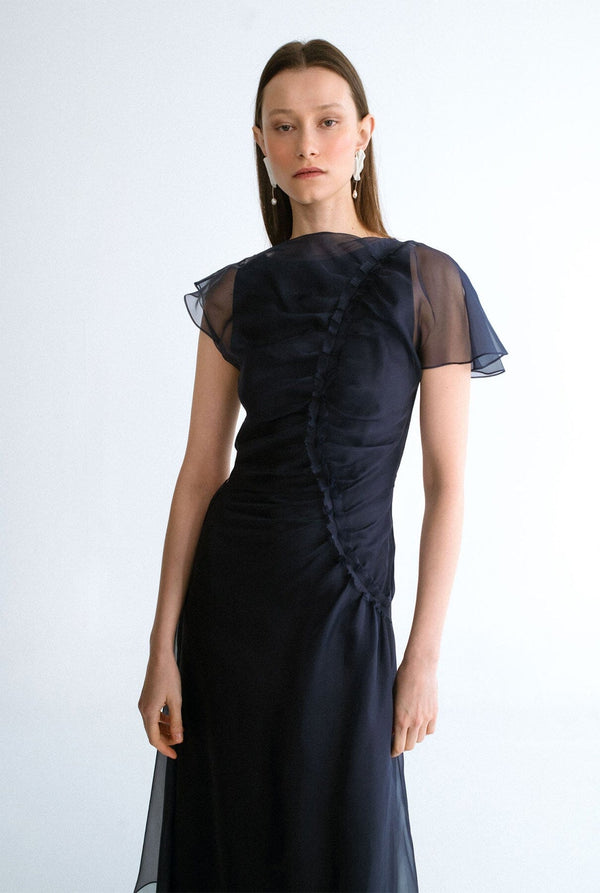 Vestido drapeado organza azul