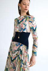 Vestido estampado y corsé azul