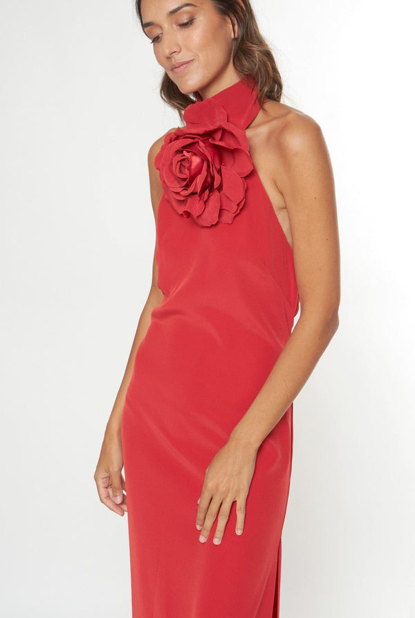 Vestido halter con flor rojo