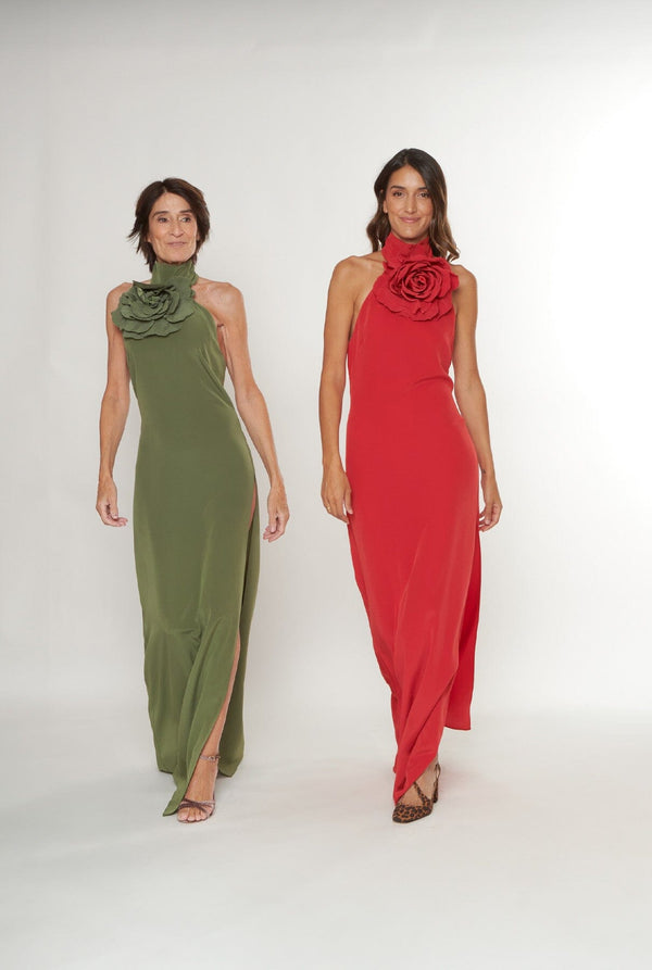 Vestido halter con flor verde caqui