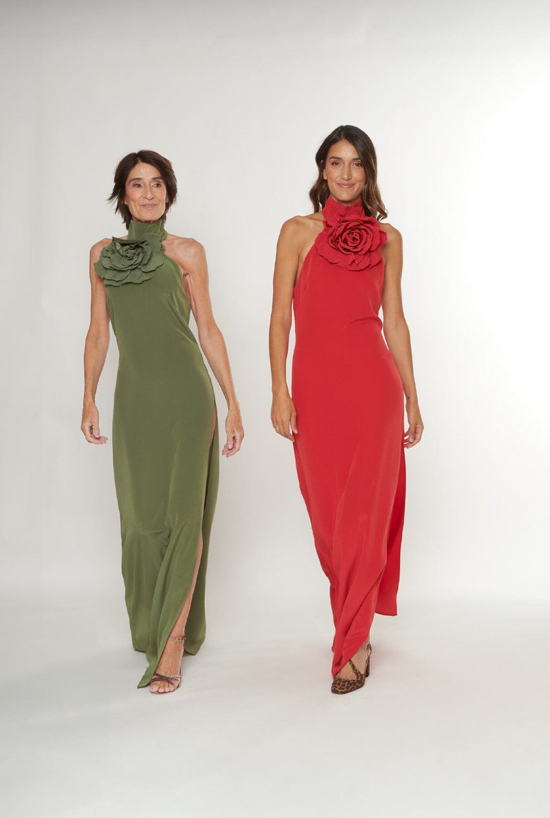 Vestido halter con flor verde caqui