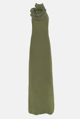 Vestido halter con flor verde caqui