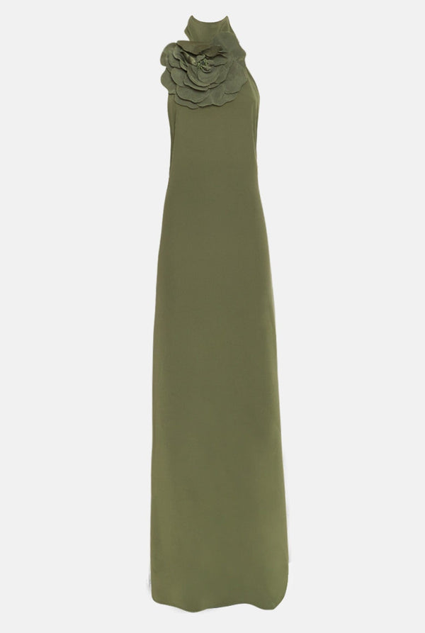 Vestido halter con flor verde caqui
