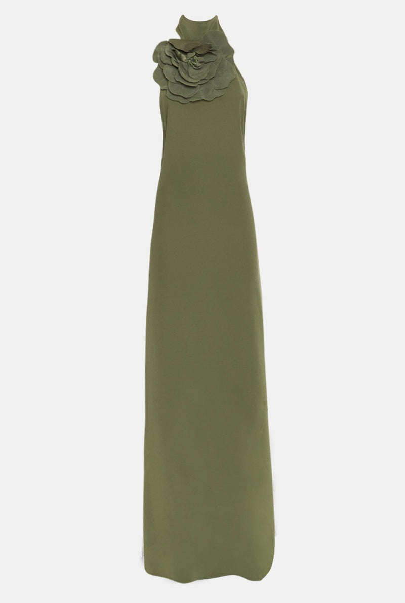Vestido halter con flor verde caqui