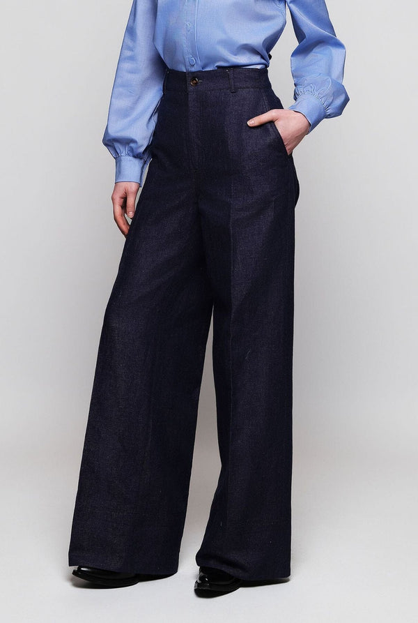 Wide-leg denim trousers
